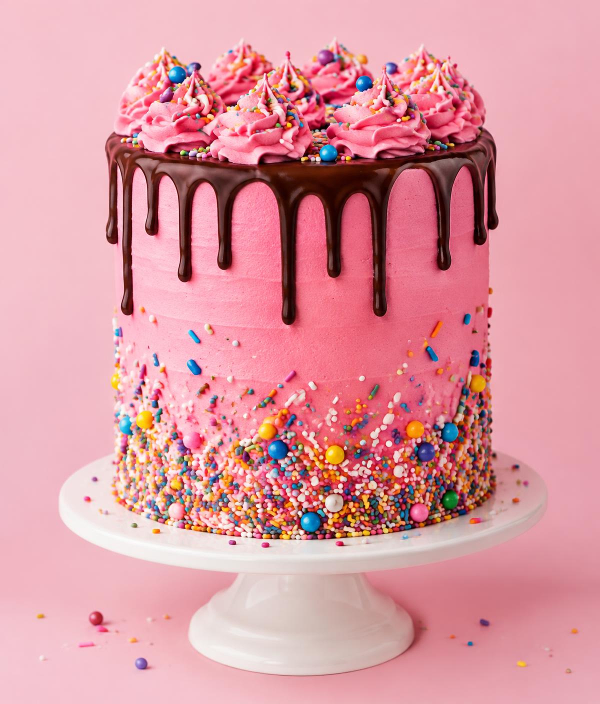 Pink layer cake with chocolate drip and sprinkles
